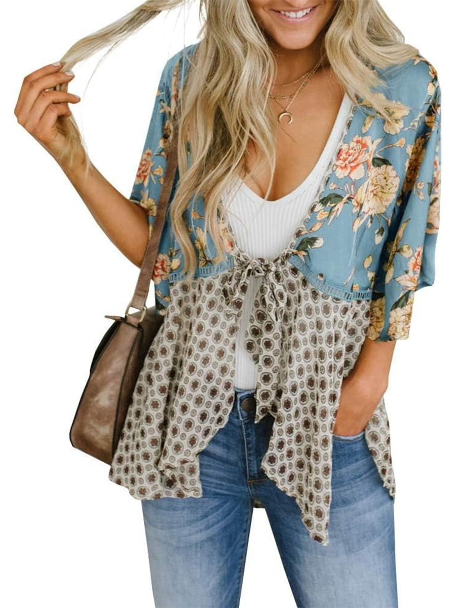 Damen Kimono mit Blumenmuster, Rüschenärmel, zum Binden, fließend, Boho, locker, als Überwurf