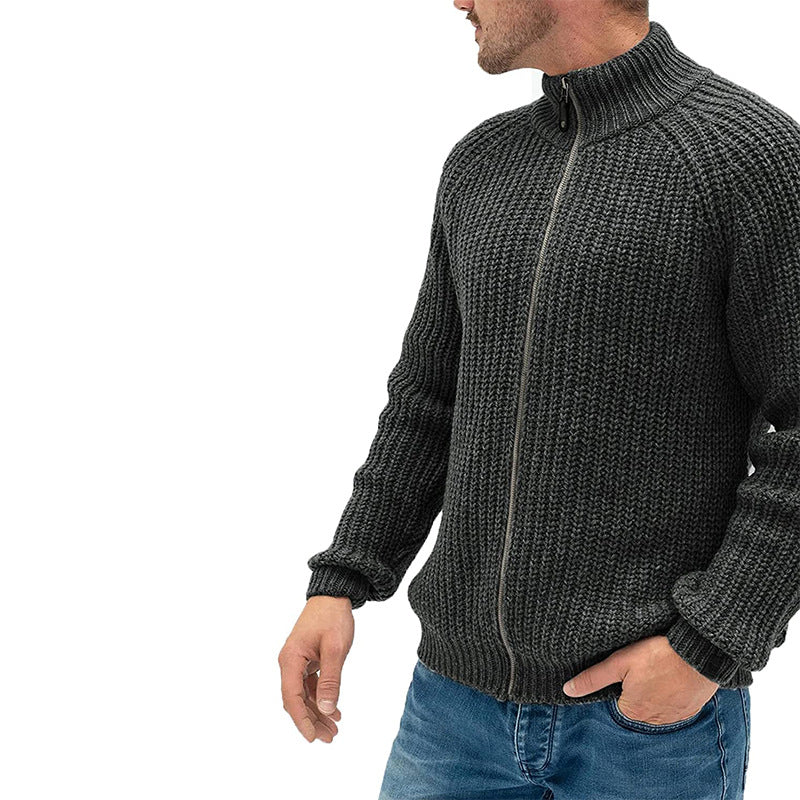 Herren Rollkragen-Strickjacke mit Reißverschluss, einfarbig
