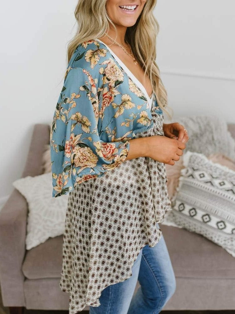 Damen Kimono mit Blumenmuster, Rüschenärmel, zum Binden, fließend, Boho, locker, als Überwurf