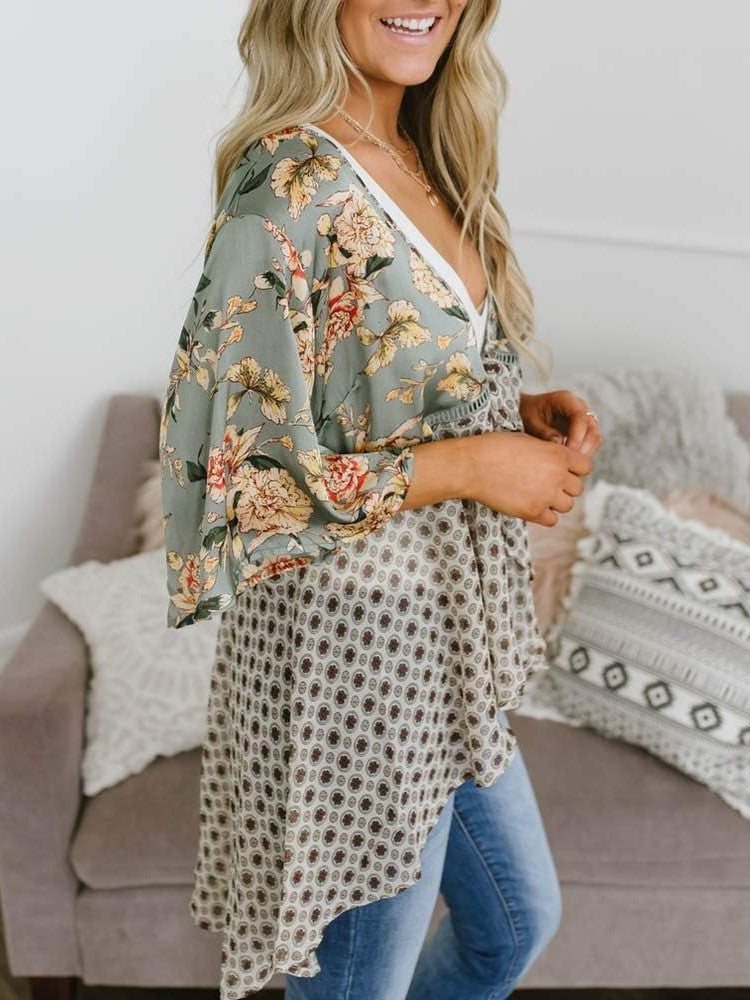 Damen Kimono mit Blumenmuster, Rüschenärmel, zum Binden, fließend, Boho, locker, als Überwurf