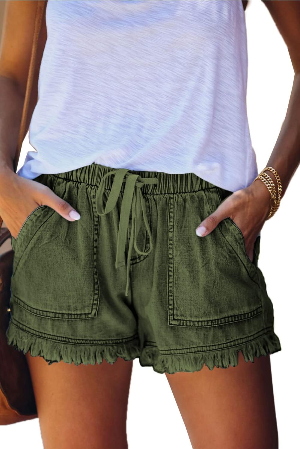Damen leichte Shorts, lässig, weit geschnitten, trendige kurze Hose, elastischer Bund mit Kordelzug, bequeme Shorts