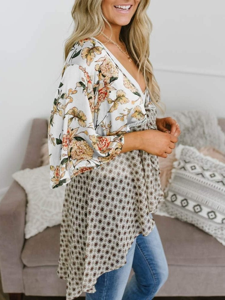 Damen Kimono mit Blumenmuster, Rüschenärmel, zum Binden, fließend, Boho, locker, als Überwurf