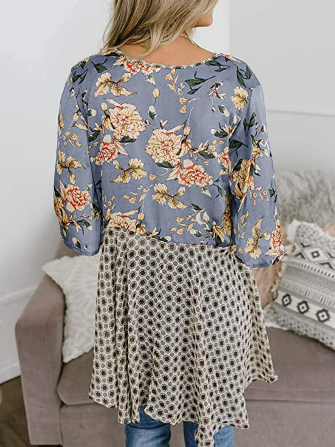 Damen Kimono mit Blumenmuster, Rüschenärmel, zum Binden, fließend, Boho, locker, als Überwurf