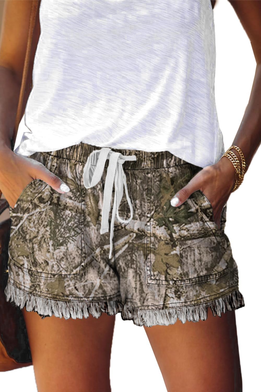 Damen leichte Shorts, lässig, weit geschnitten, trendige kurze Hose, elastischer Bund mit Kordelzug, bequeme Shorts