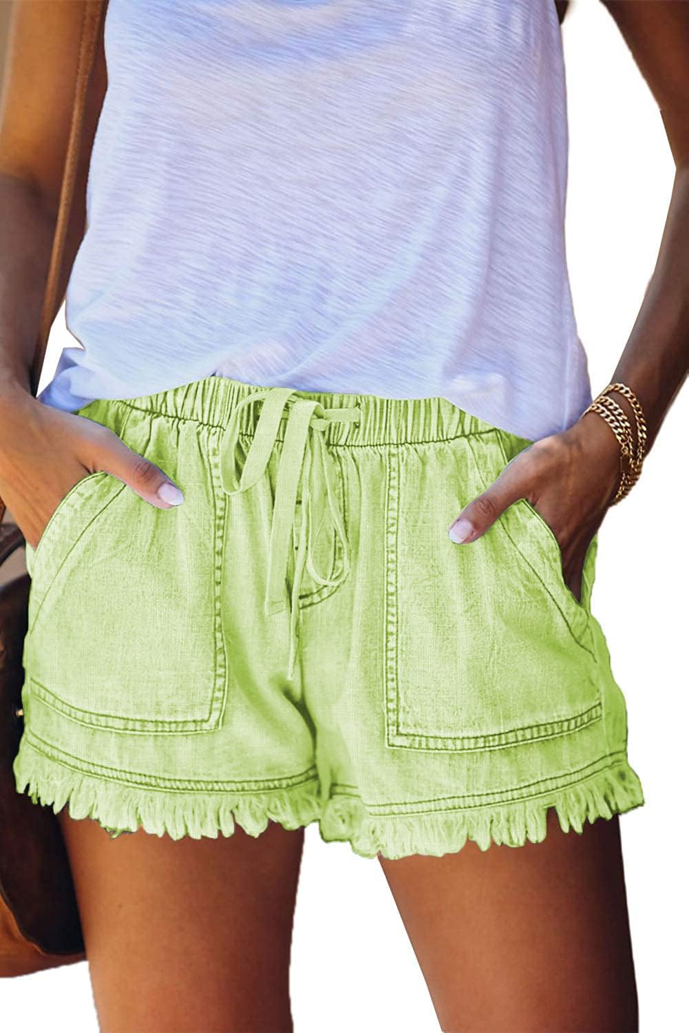 Damen leichte Shorts, lässig, weit geschnitten, trendige kurze Hose, elastischer Bund mit Kordelzug, bequeme Shorts