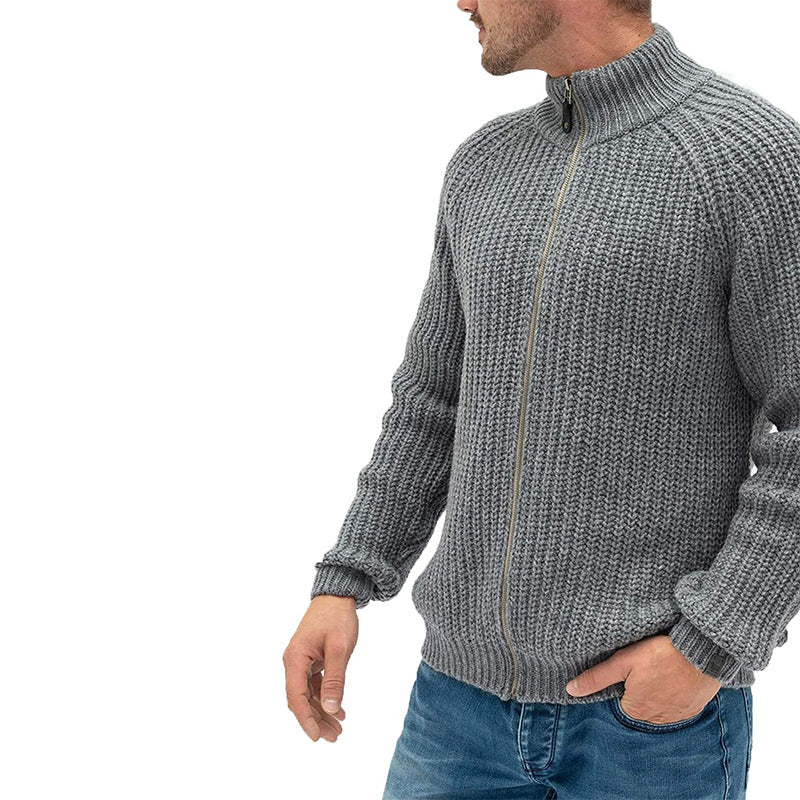 Herren Rollkragen-Strickjacke mit Reißverschluss, einfarbig
