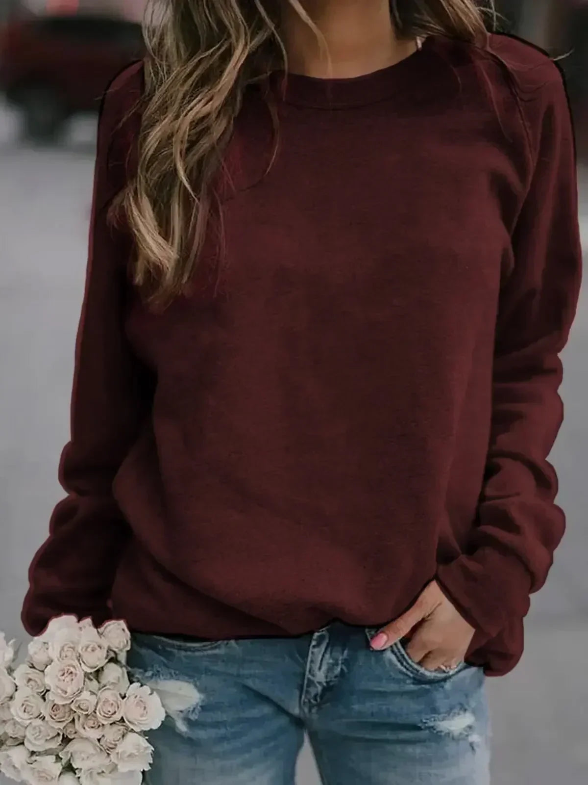 Damen Herbst/Winter Oberteile Langärmliges Rundhals-T-Shirt