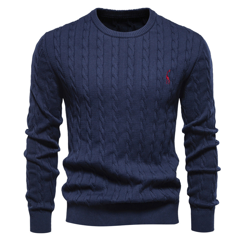 Herren Rundhals-Pullover mit Zopfmuster und Giraffenstickerei