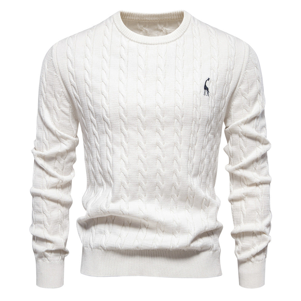 Herren Rundhals-Pullover mit Zopfmuster und Giraffenstickerei