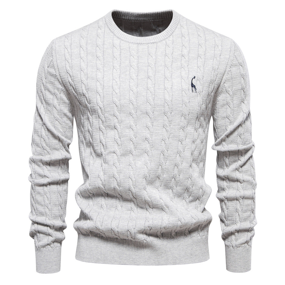 Herren Rundhals-Pullover mit Zopfmuster und Giraffenstickerei