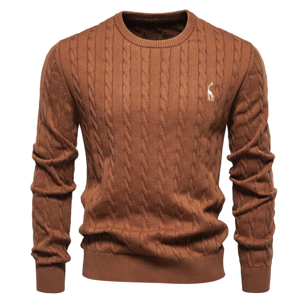 Herren Rundhals-Pullover mit Zopfmuster und Giraffenstickerei