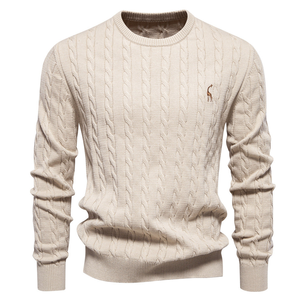 Herren Rundhals-Pullover mit Zopfmuster und Giraffenstickerei