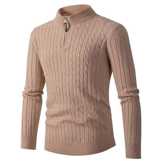 Herren Pullover Zopfmuster Halb-Reißverschluss Einfarbig Stehkragen