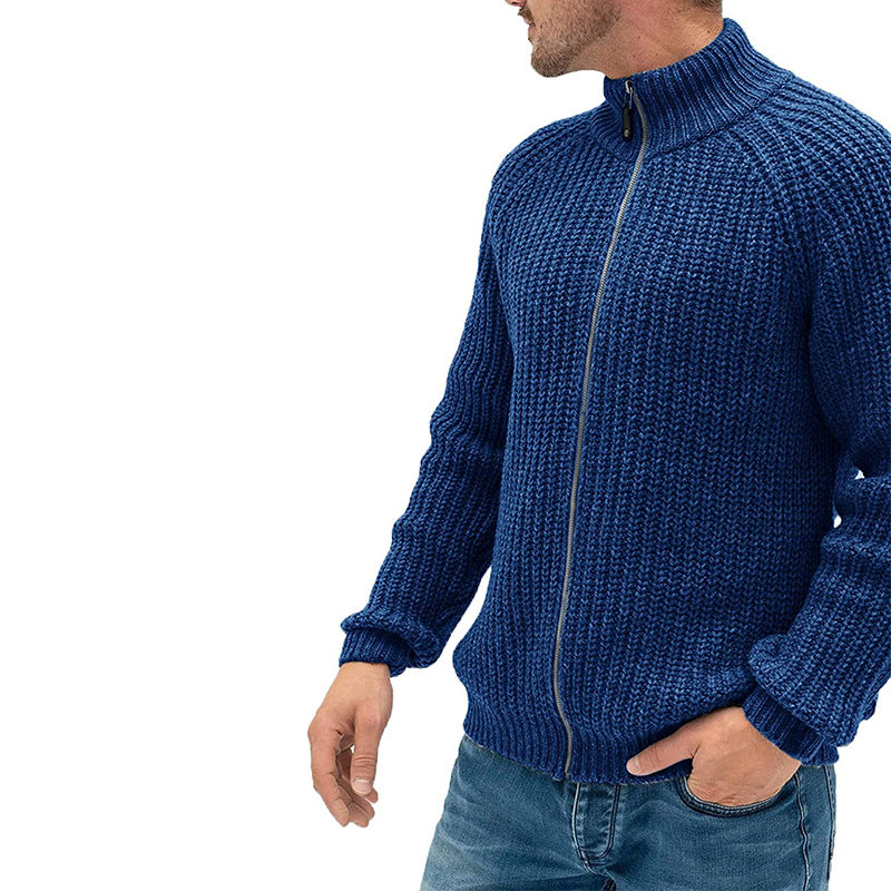 Herren Rollkragen-Strickjacke mit Reißverschluss, einfarbig