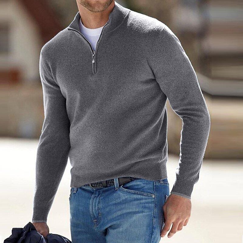 Herren Pullover Strick Einfarbig Stehkragen Halb Reißverschluss Pullover